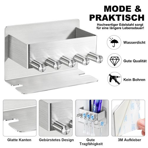 GGQ Toothbrush Holder Wall - Electric Toothbrush Holder No Drilling Stainless Steel Toothbrush Head Holder for Bathroom Self-Adhesive Toothbrush Storage Toothpaste Stand