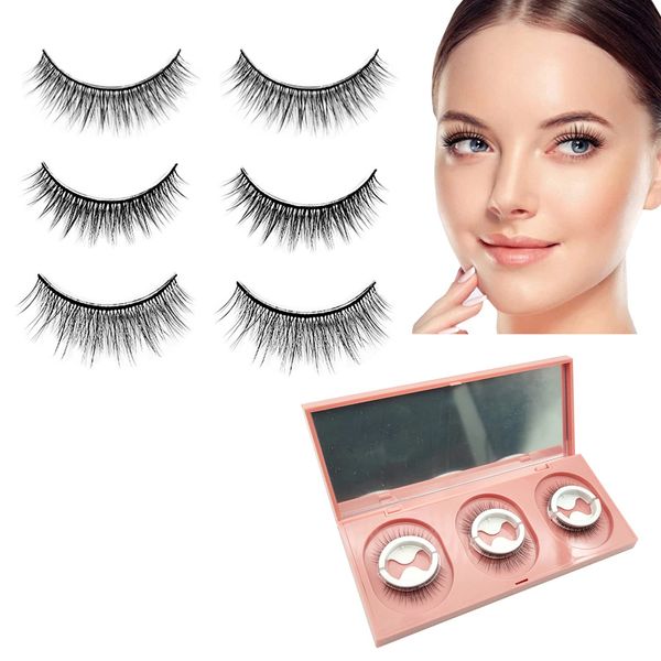 3 Paar Wiederverwendbar Selbstklebende Wimpern(Kein Kleber Nötig und Klebender Eyeliner),mit Kosmetik Spiegel,Wasserfest Falsche Wimpern,3D Natürlich Buschige Flauschig Künstliche Wimpern (WH-3)