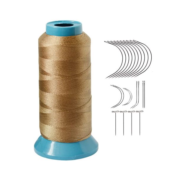 Weaving Thread Polyester Sewing Thread Size 210D with 12pcs 9cm C Type Needles Curved Hair Needles（Dark Blonde）