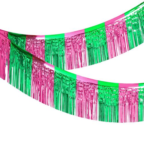 Tingjoo Pink Green Foil Fringe Garland, Witch Princess Fringe Banners, Wall Hanging Tinsel Streamers for Halloween Parade Float Decorations Birthday Party Bachelorette(1.25 x 20 ft)