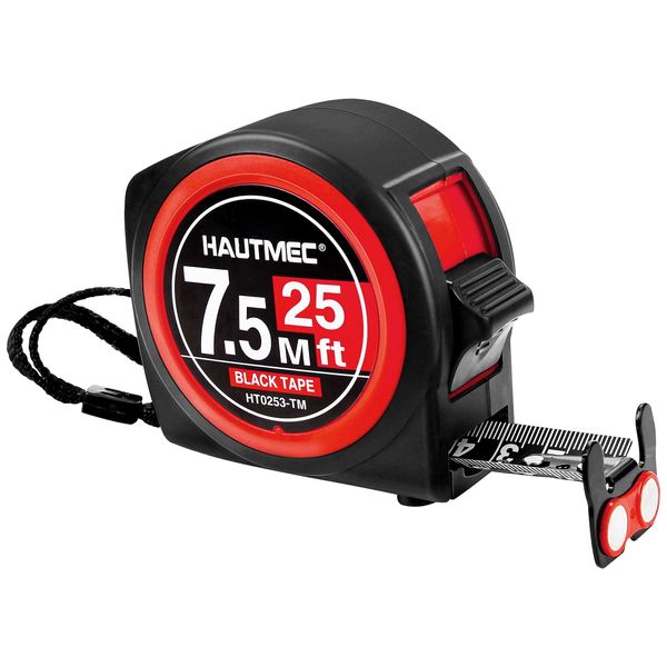 HAUTMEC Tape Measure 7.5M(25Ft)-Double Side Metric and Inches Black Tape,Retractable Tape Measure with Double Stop Buttons,Magnetic Hook for Professionals and DIY HT0253