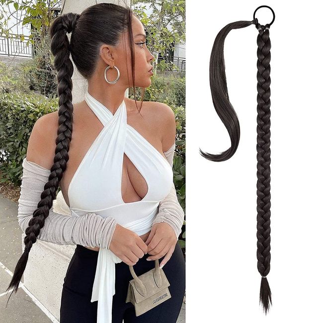 KARLOR Extensions Pferdeschwanz Haarverlängerung 80cm mit Haargummi Natürliches Kunsthaar haar Zöpfe Haarverlängerungen Zum Einflechten Lang Ponytail Braun Haarteil für Damen Frauen