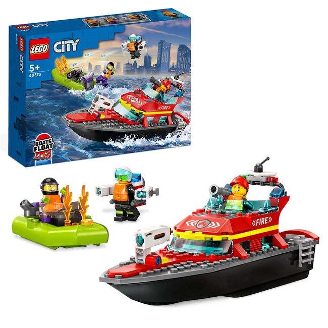 LEGO 60373 City Feuerwehrboot, Spielzeug, das im Wasser schwimmt, mit Rennboot, 3 Minifiguren und Jetpack, Feuerwehr-Boot-Spielzeug Geschenkidee für Jungen und Mädchen ab 5 Jahren