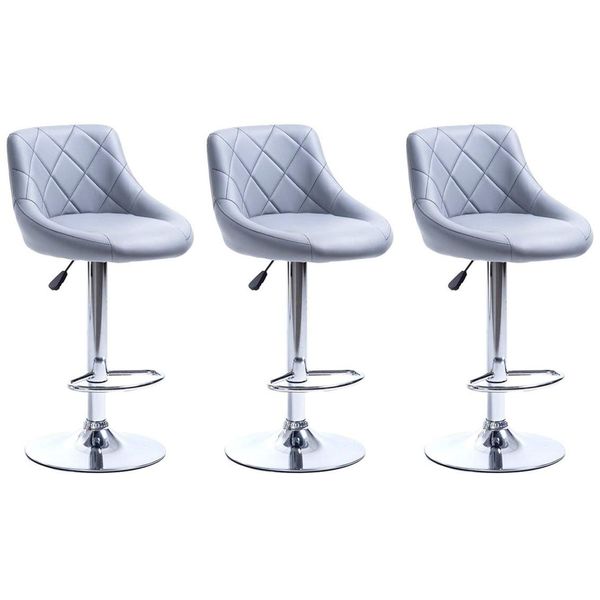 "Millies Design" Set of 3 matching MADRID Bar Stools Set with Backrest, Leatherette Exterior, Adjustable Swivel Gas Lift, Chrome Footrest and Base for Breakfast Bar, PACK OF 3 ! (GREY)