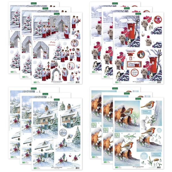 Katy Sue 'Traditional Christmas Snowy Scenes' Die Cut Decoupage Collection - Contains 12 Sheets of Die Cut Decoupage for Christmas Card Making & Crafts