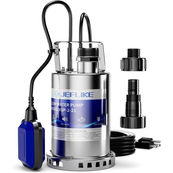 1/2HP Stainless Steel Sump Pump, 2650GPH Submersible Pump, Portable Water Pump