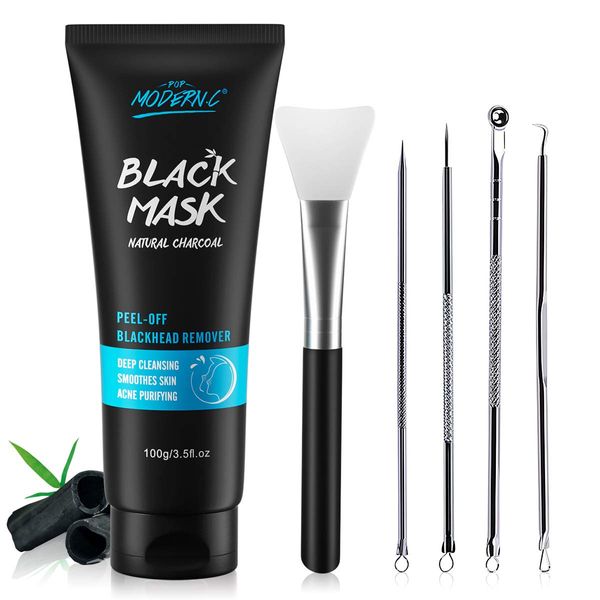 Blackhead Remover Maske Mitesser Maske Peel Off Black Mask Mitesserentfernungsmaske Bambus-Kohle Schwarze Maske, Hautreinigung Entfernen Sie Akne Mitesser, Extraktionswerkzeug-Kit und Maskenbürste