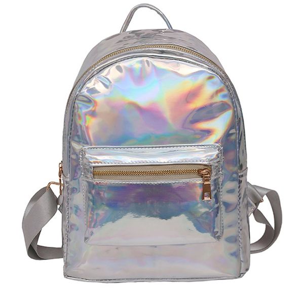 MOSSTYUS Small Holographic Backpack Rainbow Shoulder Bag Metallic Satchel Shiny Travel Daypack for Women Men Lady