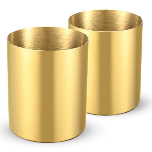 Bidponds Round Stainless Steel Pen Holder,Minimalist Mini Metal Vase,Desktop Stationery Organizer,Vacuum Plating Makeup Brush Holder,2-Pack (Gold)