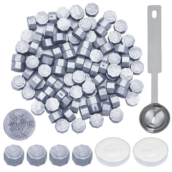 CRASPIRE 100Pcs Wax Seal Beads Set Silver Octagon Wax Sealing Beads with 1Pc Stainless Steel Spoon and 2Pcs Candles for Retro Seal Stamp Christmas Cards Wedding Invitations Letter Sealing