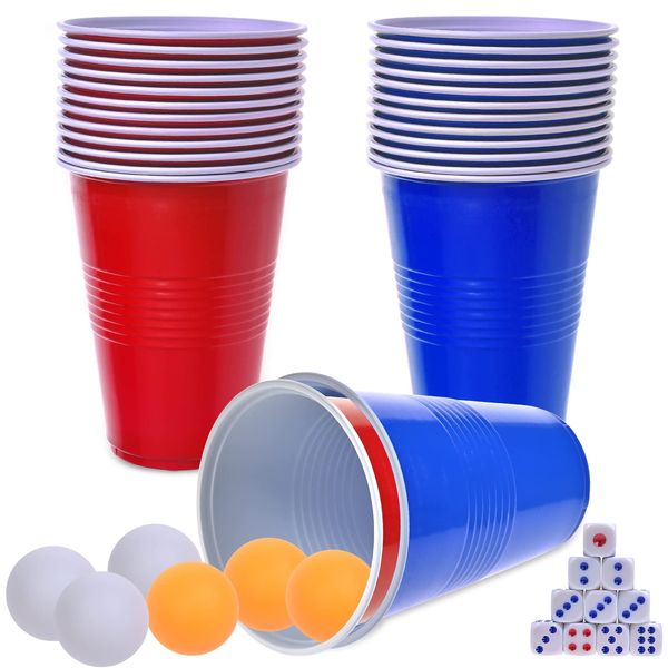 Faburo Red Party Cups Set, 30 Red Blue Plastic Solo Cups Reusable Plastic Party Cups with 6 Ping Pong Balls, 10 Dice for American Party Games