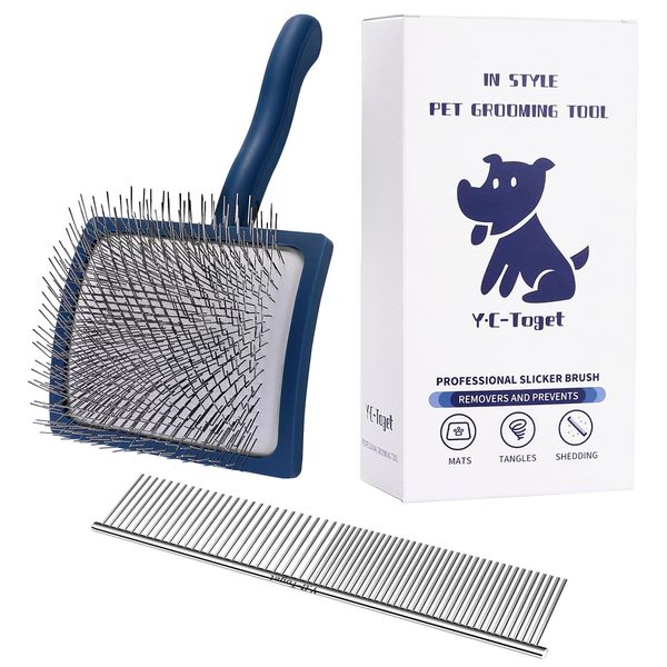 Slicker Dog Grooming Brush for Goldendoodle Poodle Doodle,Slicker Brush with Airflowable Pad for Dogs Cats & Pet Comb Value Kit- Long Pin Slicker Dog Brush- Detangle,Undercoat- Work Fast and Save Time