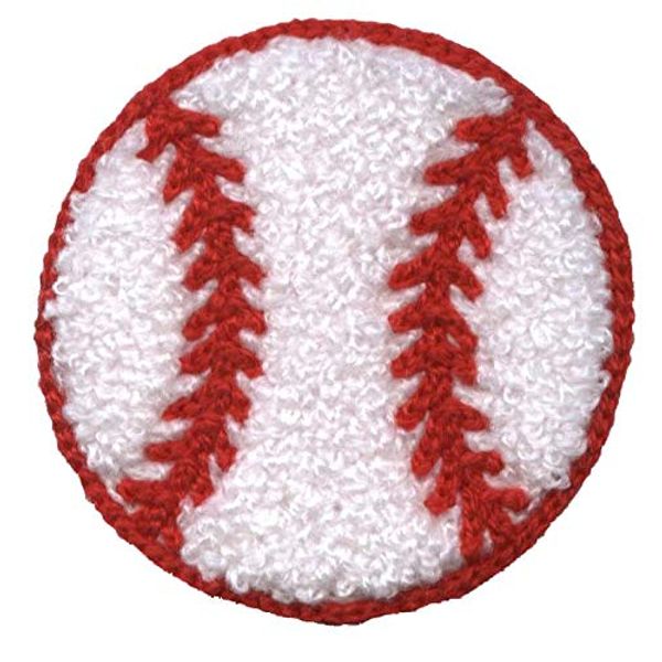 Chenille Baseball - 3 Inch - White/Red- Embroidered Iron on Patch