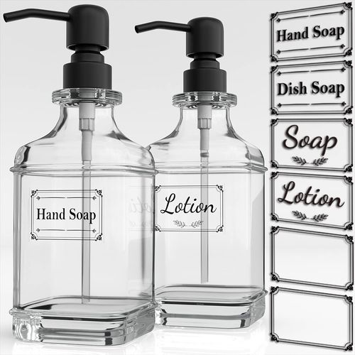 GLADPURE Soap Dispenser - 2 Pack, 18 Oz Antique Design Thick Glass Hand Dispensers; with 304 Rust Proof Stainless Steel Pump, 6Pcs Clear Stickers, for Kitchen, Bathroom Black