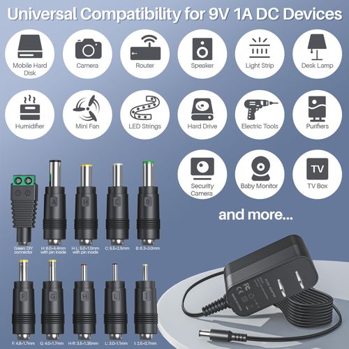 9V Power Supply AC Adapter DC 9V Power Cord Universal Power Adapter 9V Charger with 10 Interchangeable Jacks Compatible with 1000mA 900mA 800mA 700mA 600mA 500mA 400mA 300mA 200mA 100mA Electronics