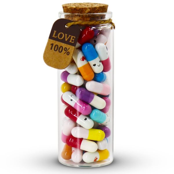 Mczcent Capsule Letters Message in a Glass Bottles, Cute Smiling Face Love Friendship Letter Color Pill with Wishing Bottle, Message Pills for Boys Girls Friends Family, 47 Pcs