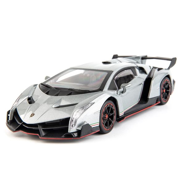 WAKAKAC Diecast Car for Lambo Veneno Model Car 1/24 Scale Sports Toy Vehicle Door Can be Opened Toy Car Front Wheel Steerable (Gray)