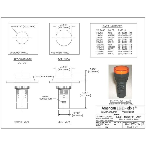 LED Andon LD-2837-116 LED 22mm Indicator Light, 120V Blue