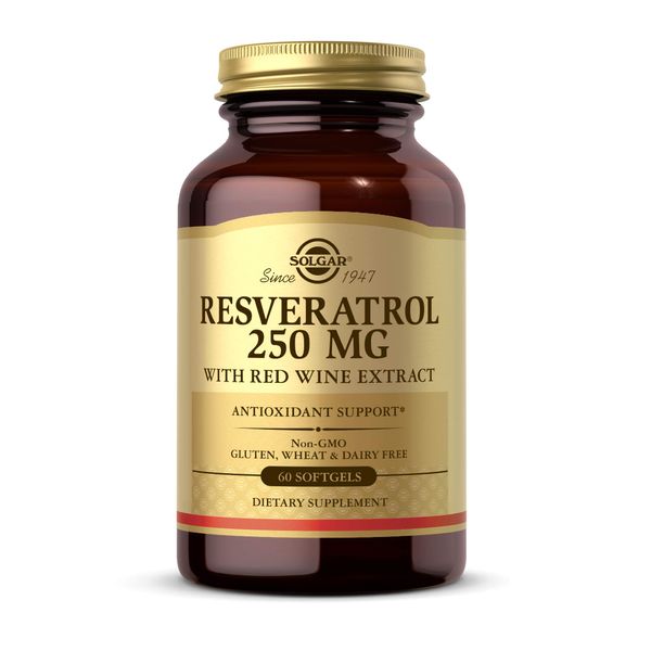 Solgar Resveratrol with Red Wine Extract, 250 mg, 60 Softgels - Antioxidant Protection - Immune Support - Red Wine Polyphenol - Non-GMO, Gluten Free, Dairy Free - 60 Servings