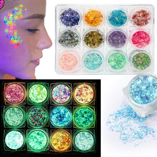 Fluorescente Paillettes Per Corpo,Olografo Corpo Glitter Gel Set,12 Colori Kit Polvere Glitterata Body Glitter Gel,Brillantini Make Up Per Corpo Viso Occhi Capelli, Glitter Per Festival, Party
