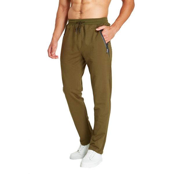 ZOXOZ Mens Tracksuit Bottoms Open Hem Trousers Mens Joggers Slim Fit Cotton Jogging Bottoms Elasticated Waist Zip Pockets Green S