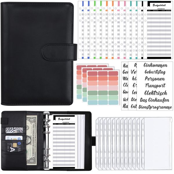 A6 Binder Budget Planner Deutsch: Geld Organizer Budget Planer mit 12 Binder Taschen, 12 Budgetblätter Deutsch, Etikettenaufklebern Sparbuch für Reisen,Tagebuch und Geschenk