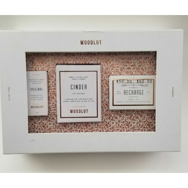 New Woodlot Gift Set 3-Pc. Cinder Candle, Essential Oil & Soap Bar In Gift Box