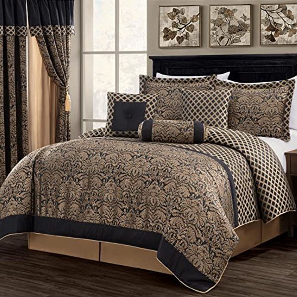 Chezmoi Collection Lisbon 7-Piece Jacquard Floral Comforter Set, California King, Black/Gold