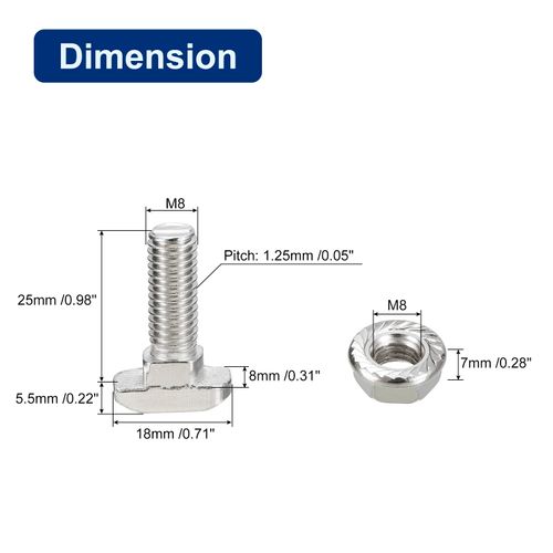 sourcing map M8x25mm T Slot Drop-in Bolt and M8 Hexagon Flange Nut Set, 10 Sets Hammer Head T-Bolt T Shape Stud Sliding Screw for 40 Series Aluminum Profile