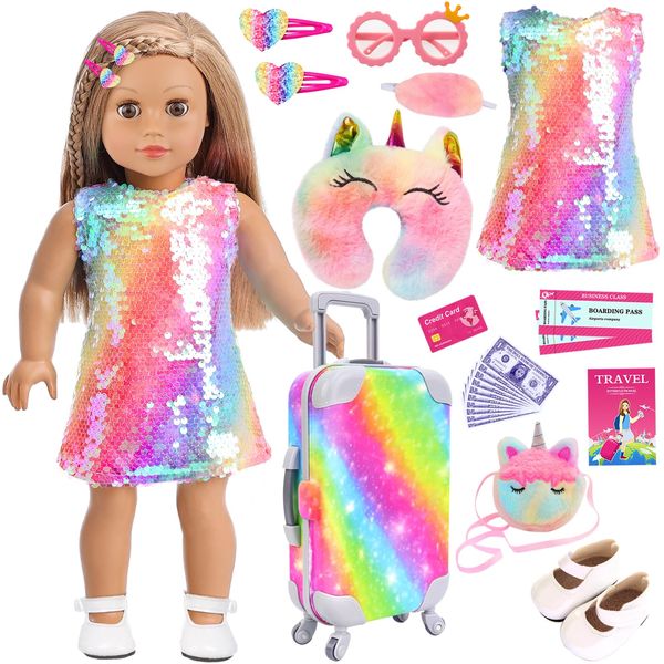 K.T. Fancy 23 Pcs American 18 Inch Doll Clothes and Accessories, Cute Doll Suitcase Set for 18 Inch Girl Doll Included Doll Sequined Dress, Sunglasses, Unicorn Bag, Shoes(No Doll)