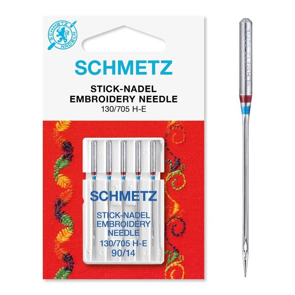 SCHMETZ Domestic Sewing Machine Needles |5 Embroidery Needles | 130/705 H-E | Needle Size: 90/14 | Can be Used on All Conventional Household Sewing Machines and Household Embroidery Machines