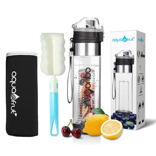 NEW AquaFrut Bottom Loading Fruit Infuser Water Bottle Complete Bundle Includes Bottle Brush, Insulating Sleeve & Infusion Recipe eBook. Leak Proof Sweat Proof BPA-Free (Black)