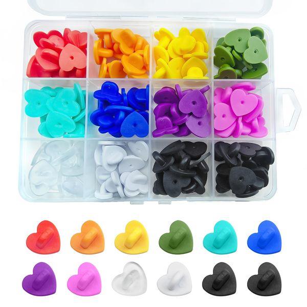 DUFEIMOY 120Pcs Multicolor Heart Shape Rubber Pin Backs Locking with Storage Case