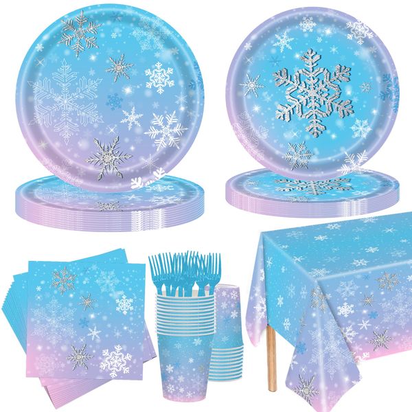 Xindtek 126 Pcs Frozen Birthday Party Supplies Disposable Winter Snowflake Paper Plates Napkins Cups Forks Tablecloth for Christmas Winter Wonderland Frozen Birthday Party Decorations Serves 25