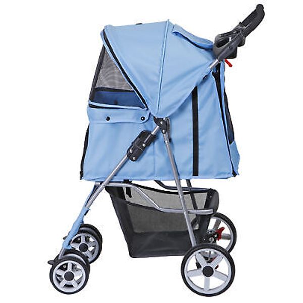 Dog Stroller Pet Travel Carriage w/Foldable Carrier Cart Cup Holder 4 Wheel Blue