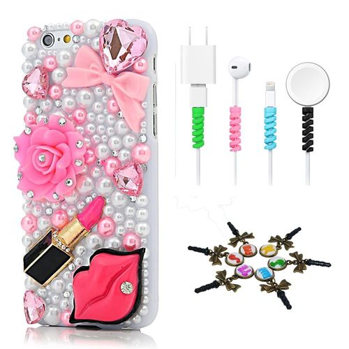 STENES Bling Case Compatible with iPhone 7 / iPhone 8 - Stylish - 3D Handmade [Sparkle Series] Flowers Heart Bowknot Sexy Lips Lipstick Design Cover with Cable Protector [4 Pack] - Pink