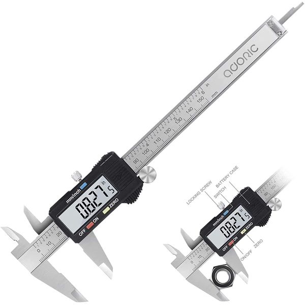 Vernier Calipers, 5.9 inches (150 mm) Digital LCD Display, Stainless Steel, Carbon Fiber, LCD Screen Capital Display, Zero Set Function, High Precision, DIY Tool, External Diameter, Depth, Step