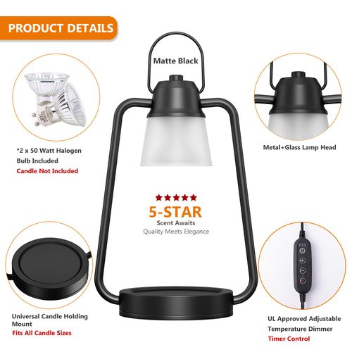 MAOYUE Candle Warmer Lamp Dimmable Timer: Electric Metal Top Down Light Heat Melting Wax Candles Vintage Fits Large Small Jar Scented Candel Warming Lantern Black