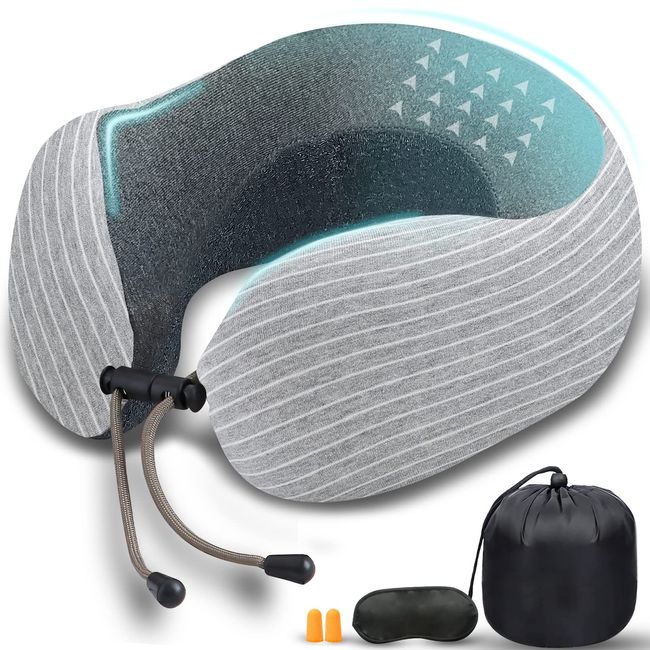 Relax Your Neck Anywhere, Portable Pillow, Memory Foam, Neck Pillow, Travel Pillow, Compact, Lightweight, U-Shape, For Napping, Airplanes, Cars, Eye Mask, Ear Plugs, Storage Bag Included, Gray Border