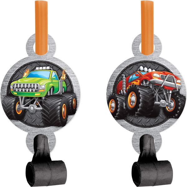 Creative Converting Monster Truck Party Blowers, 8 ct, 2.5" x 5.25", Multi-colored