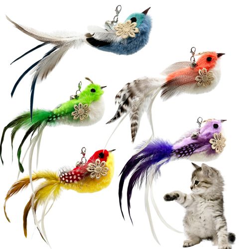 CATENEED Cat Feather Toys Refill Cat Wand Attachments, 5 PCS Feathers Cat Toy Refills, Cat Wand Replacement Feather Bird for Cat Toys