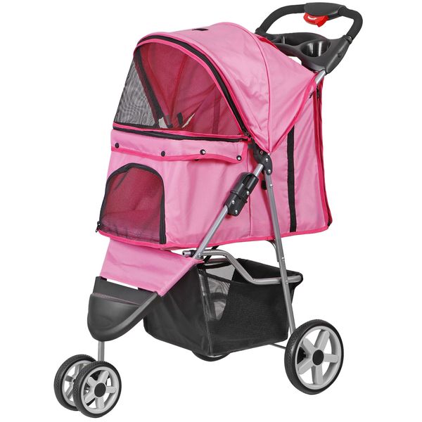 Dog Stroller Pet Travel Carriage 3 Wheels with Foldable Carrier Cart Pink