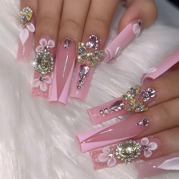 Aegenacess Square Press On Nails Extra Long - Pink French Press On Nails, Luxurious Glue On Nails with 3D Butterfly and Rhinestones, French Stick On Nails, Handmade 24PCS Fake Nails in 12 Sizes