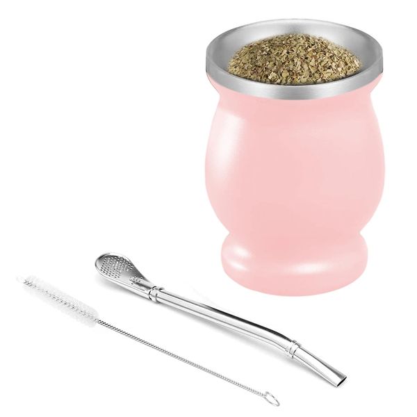 NUWIQ Mate Becher, Mit Strohhalm und Reinigungsbürste,Mate Tee Set Geeignet für Küche, Restaurant, Café (Rosa)