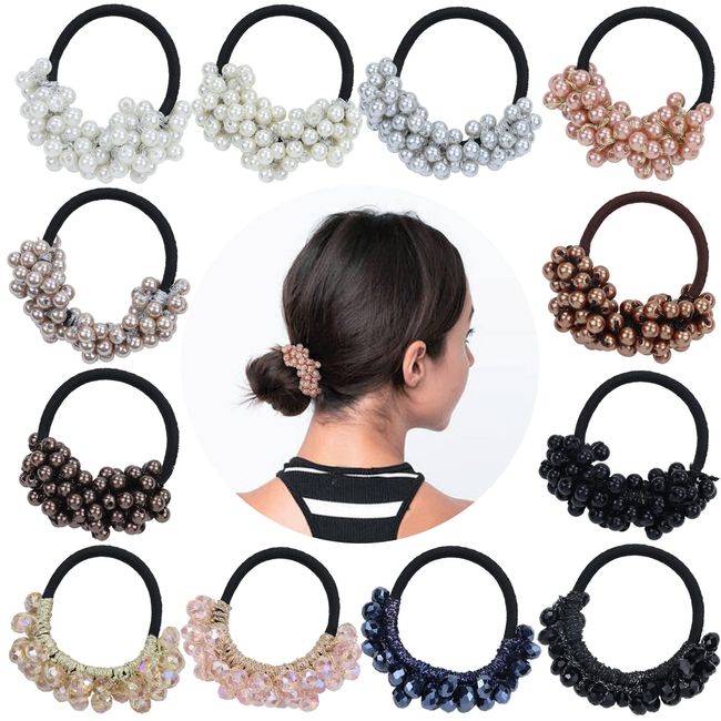 Cinaci 12 Pack Glitter Pearl Crystal Hair Scrunchies Stretchy Hair Ties Elastics Rubber Bands Ponytail Holders Hairbands Accessories for Women Girls