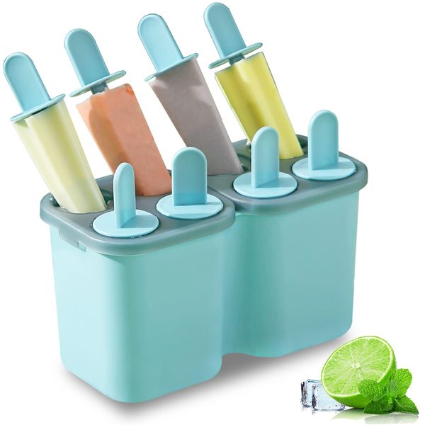 HOMQUEN Popsicles Molds, 8 Piece Ice Pop Mold, Reusable Easy Release Ice Cream Mold for kids, Many Shapes Homemade Popsicle Molds, DIY Popsicle Maker, BPA Free (8 Cavities-Blue)