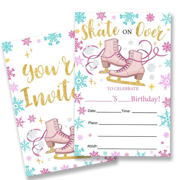 QZJ Ice Skating Birthday Party Invitations Fill-In Set of 20with Envelopes Skating Birthday Bash Invites Cards