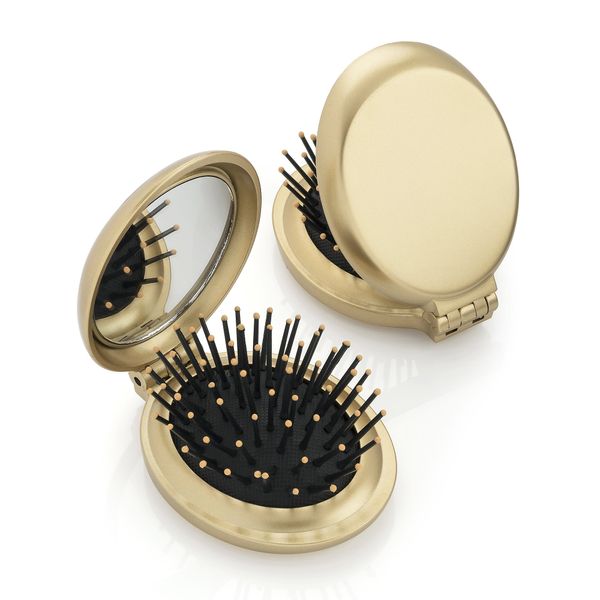 Metallic Gold Oval Folding Brush & Compact Mirror