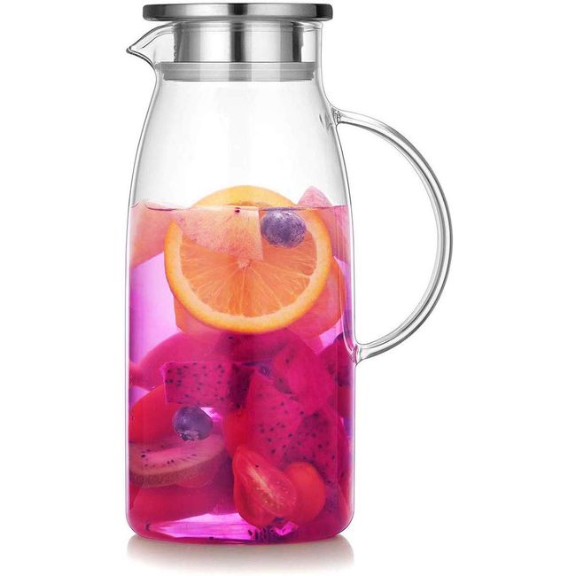 Artcome 60 Ounces Glass Iced Tea Pitcher with Stainless Steel Strainer Lid, Hot/Cold Water Jug, Juice Beverage Carafe