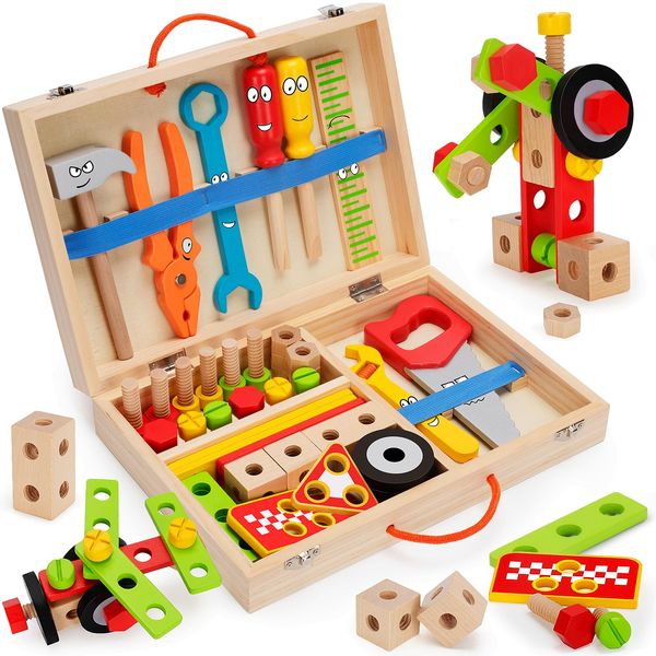 WEMEMORN Tool Kit for Kids, 43 pcs Wooden Toddler Tools Set Include Tool Box, Montessori Stem Learning Educational Construction Toys for 3 4 5 6 Year Old Boys Girls, Christmas Birthday Gift for Kids